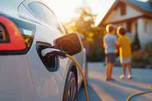 © Wild Dream - stock.adobe.com E-Auto wird aufgeladen im Hintergrund zwei Kinder